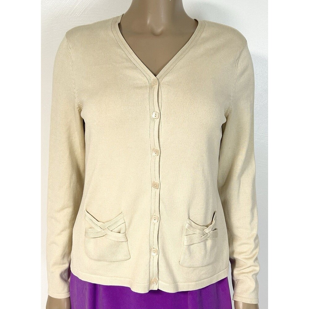 Vintage Talbots Silk Button Up Knit Cardigan Size Small Cream Beige Cottage